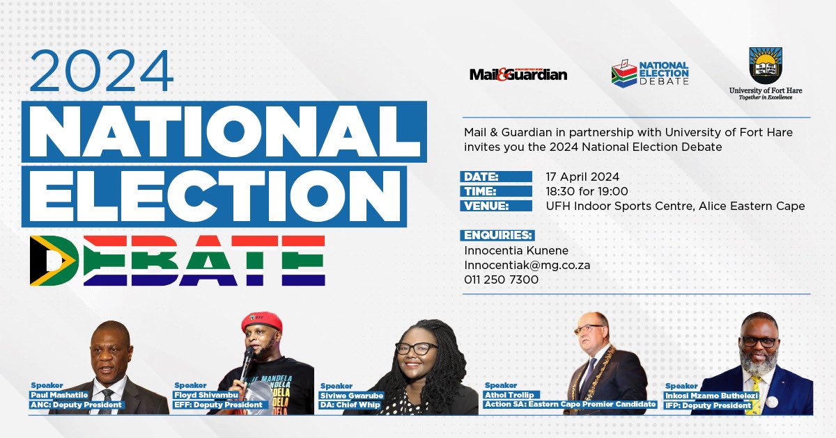 mailandguardian's tweet photo. The gloves are coming off! Paul Mashatile (ANC Deputy President), Floyd Shivambu (EFF Deputy President), Siviwe Gwarube (DA Chief Whip), Athol Trollip (ActionSA Eastern Cape Premier Candidate) and Inkosi Mzamo Buthelezi (IFP Deputy President), will face off in a discussion at the Mail and Guardian’s 2024 National Election Debate, in partnership with the University of Fort Hare on 17 April. 
  
Catch the livestream: https://t.co/djk73Svg9f

#MGElectionDebate #UFHElectionDebate #MGElections2024 #Elections2024