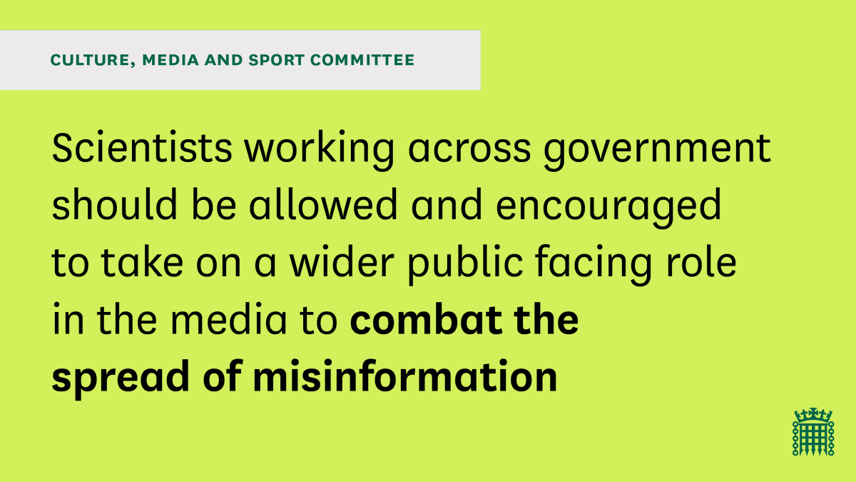 🔬 There are lessons to be learnt from the Covid-19 pandemic where scientists played a critical role in communications 📢 The Government is missing a trick in not giving them a larger public role in the battle to counter misinformation Read our report: publications.parliament.uk/pa/cm5804/cmse…