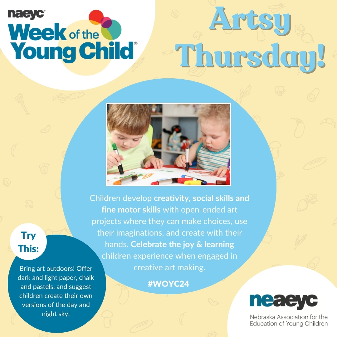 Nebraska AEYC (@neaeyc) on Twitter photo It's Artsy Thursday! 🎨
Use any materials—from crayons to paint, clay to crafts! Create and share photos of your children’s creations on Facebook or post to X and Instagram using #WOYC24! It's Artsy Thursday! 🎨
Use any materials—from crayons to paint, clay to crafts! Create and share photos of your children’s creations on Facebook or post to X and Instagram using #WOYC24!