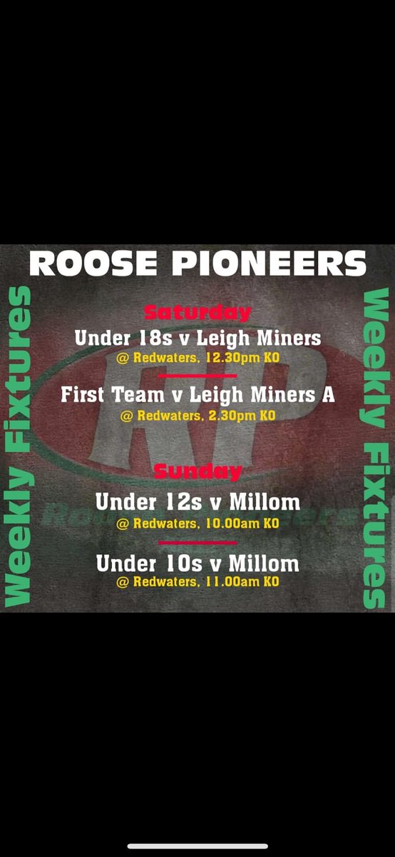 Busy weekend at Redwaters with a double header on Saturday against @leighminersrl for the U18s and 1st Team. Sunday sees us entertain @MillomRLFC1873 with games for our u10s and u12s. @BarrowandDis_RL @bbccumbriasport @13proamrl @BarrowRaiders @AdvantageBarrow @CandoFM ❤️💚🏉