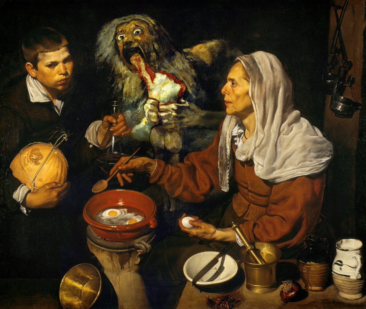 'Vieja friendo huevos' de Velázquez regresa a España y se encuentra con un comensal muy goyesco. 🍳👵🏻🪐