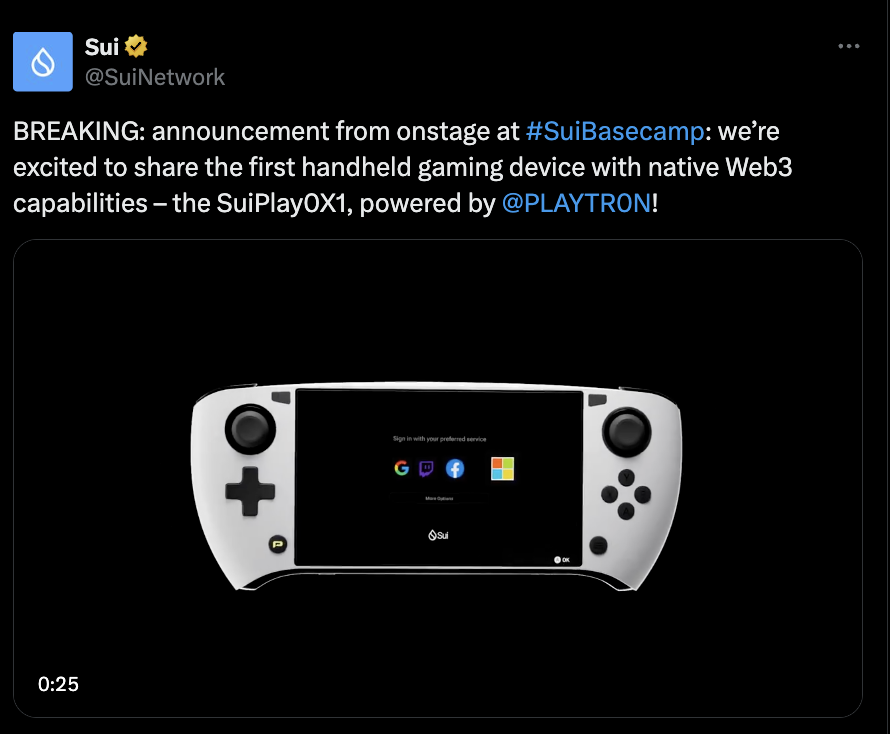 the new Sui gaming console by @PLAYTR0N is absolutely based these are the types of plays we need to be making to drive crypto adoption I think this has a higher probability of success than Solana phone > well-defined market > no need to replace existing device (like a phone)