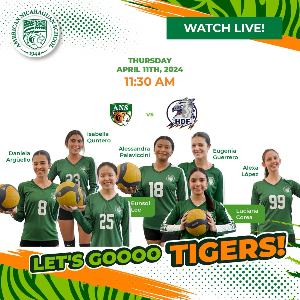🎉 Let's join in #ROARING support for our team at the AASCA Volleyball Tournament in Guatemala! 🐯 They will be showcasing our athletics program today at 11:30 a.m! #GOTIGERS
🎥 Watch Live: 11:30 a.m. - bit.ly/HDF-vs-ANS_Vol…