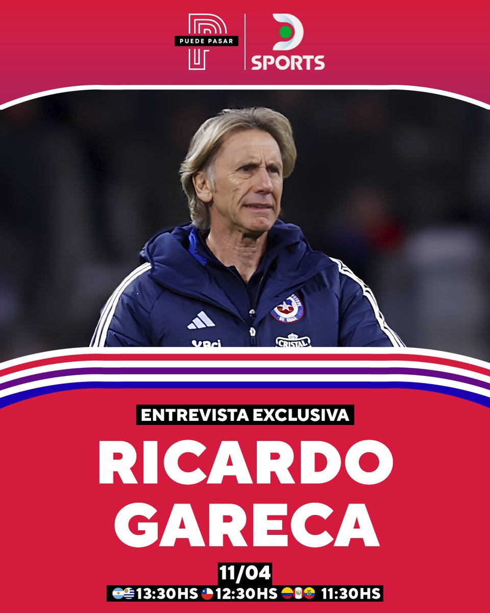 EL TIGRE, EN EXCLUSIVA POR DSPORTS 🐯 ▶ Ricardo Gareca, técnico de la selección chilena, será el invitado estelar este jueves en #PuedePasar, con la conducción de @GustavoKuffner 13:30 hs. 🇦🇷🇺🇾 | 12:30 hs. 🇨🇱 | 11:30 hs. 🇪🇨🇵🇪🇨🇴 Míralo por el 610/1610 y @dgo_latam 📺📱