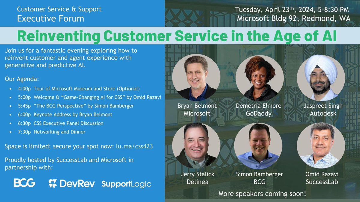 Calling all Seattle CSS leaders, CXOs, and AI innovators! 🌟 Join SupportLogic, BCG, Microsoft, and SuccessLab for the CSS Forum on April 23rd. Engage with industry leaders, explore AI advancements, and transform your support journey. Reserve your spot now! #CSS #CX #SX #GenAI