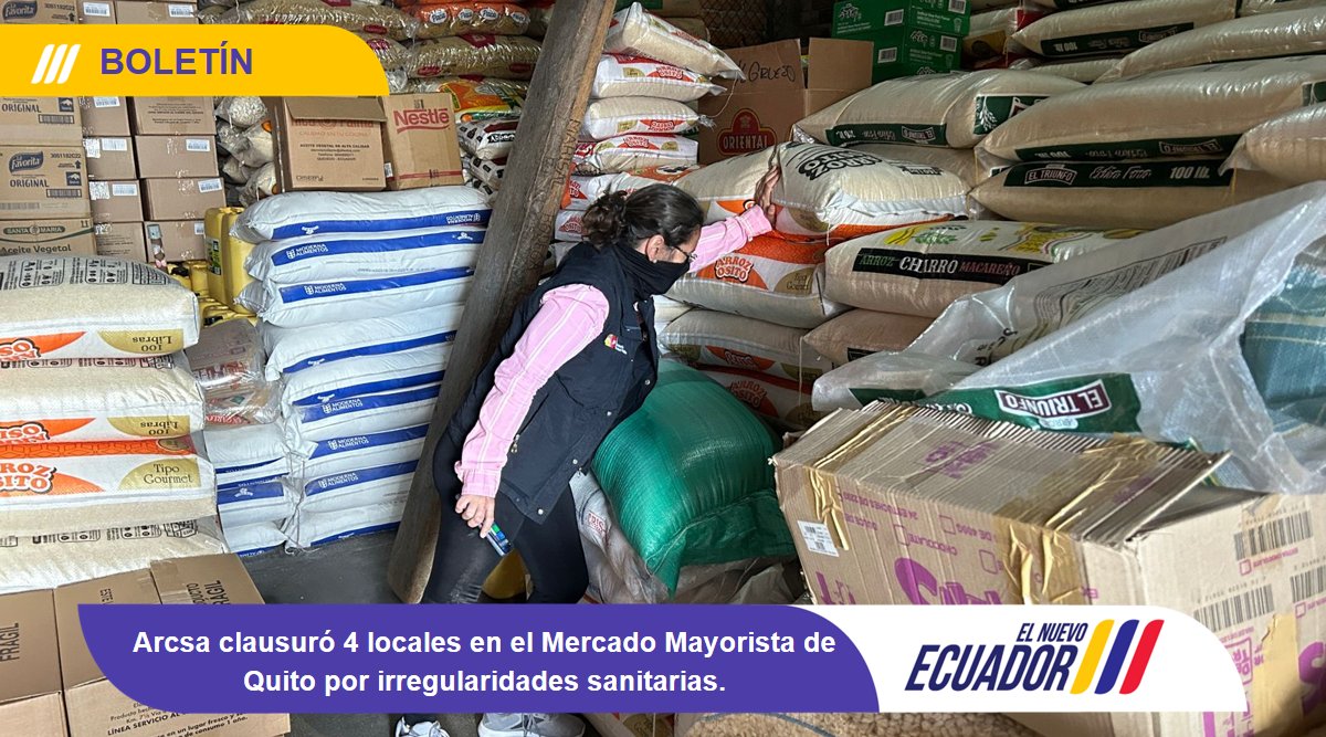 Un operativo de #Arcsa en mercados de #Quito permitió detectar falta de higiene, presencia de plagas y demás irregularidades sanitarias en cuatro locales del @mayorista_quito, por lo que fueron clausurados. 🔎❌ Boletín en ➡️ bit.ly/ClauQuito 👈🏽 #ArcsaControla ✅