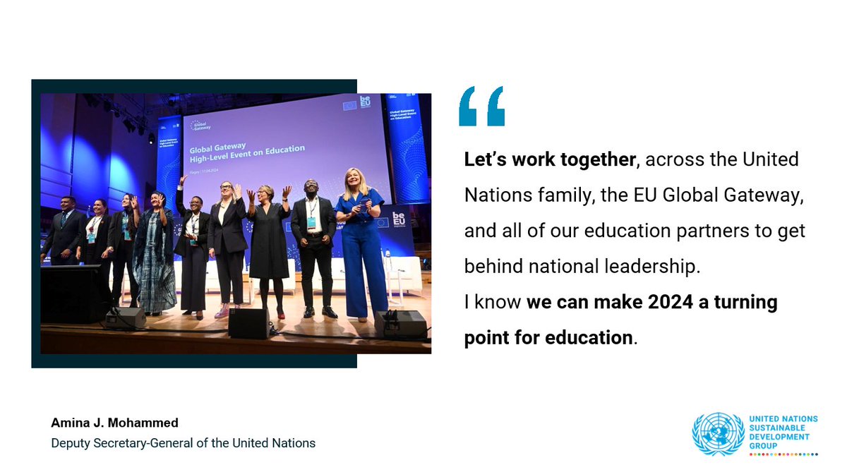 At the 🇪🇺EU's #GlobalGateway High-Level Event on Education, @UN deputy chief @AminaJMohammed urged leaders to work together and commit to achieving quality education for all. 👉More in the latest story: bit.ly/43R5V01