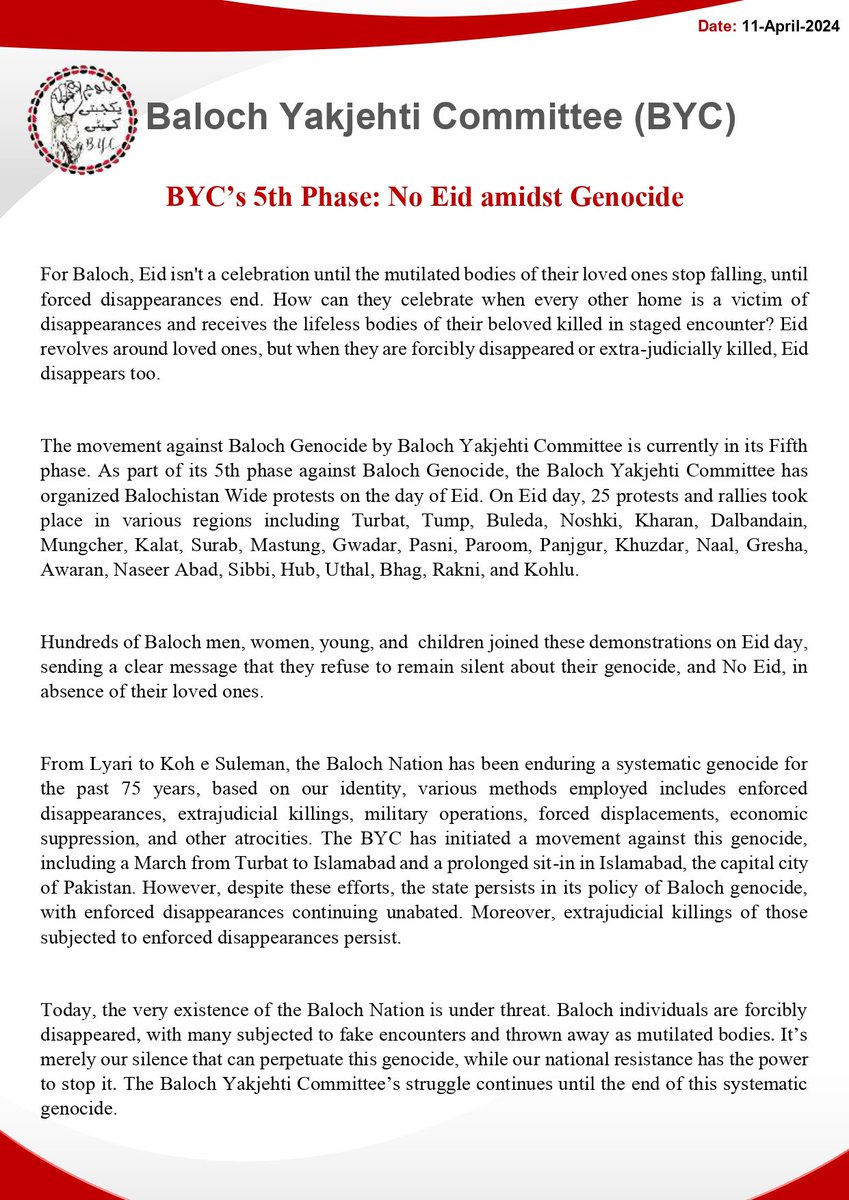 BYC’s 5th Phase: No Eid amidst Genocide For Baloch, Eid isn't a celebration until the mutilated bodies of their loved ones stop falling, until forced disappearances end. How can they celebrate when every other home is a victim of disappearances and receives the lifeless bodies…