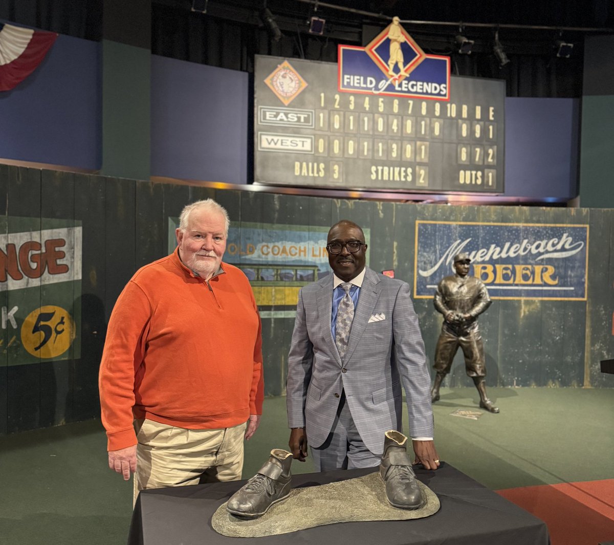 The cleats, the only remaining remnants from the Jackie Robinson statue stolen from McAdams Park in Wichita & destroyed, are officially home at the Negro Leagues Baseball Museum! @nlbmprez joins League 42 founder & Exec. Director, @boblutz. The museum will display the remnants…