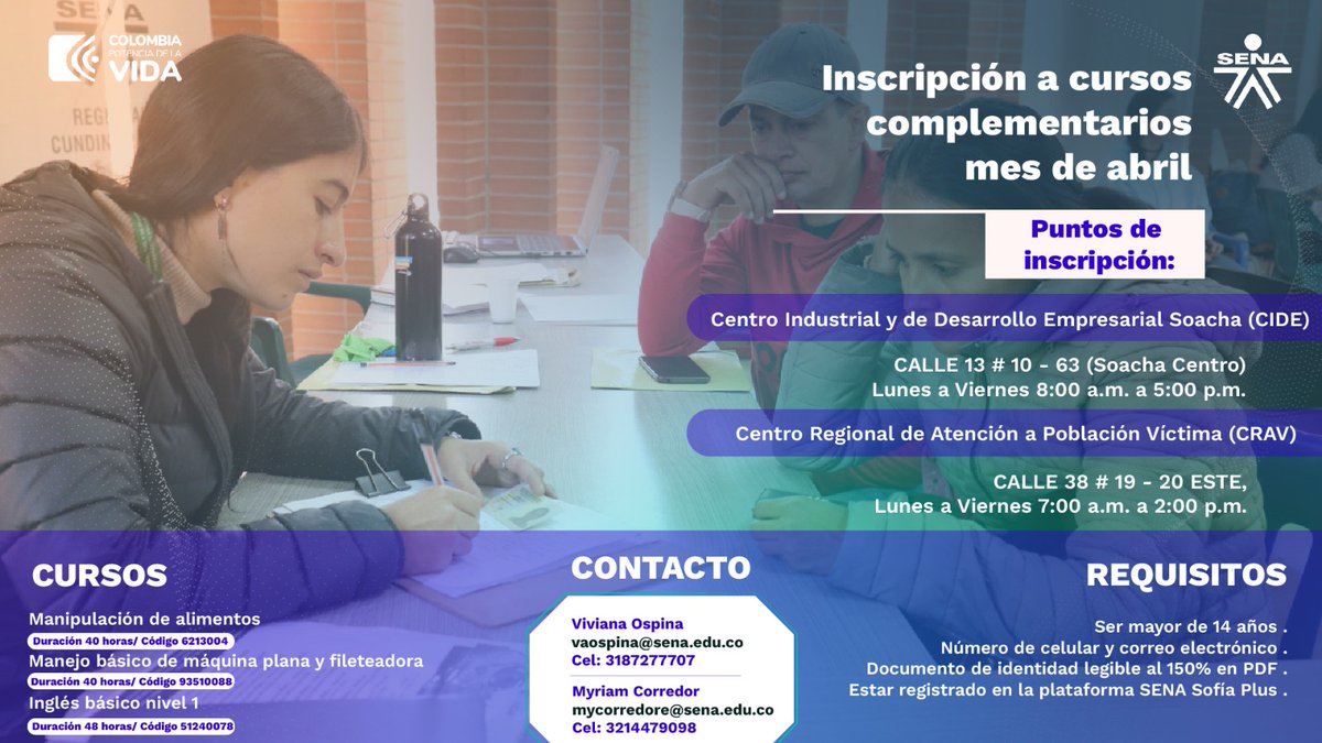 SENASoacha's tweet image. #FormacionComplementaria 💯 Tenemos en oferta cursos de formación complementaria: Manipulación de Alimentos, Manejo Básico de Máquina Plana y Fileteadora e Inglés Básico Nivel 1. Consulta y aplica. @SENACmarca