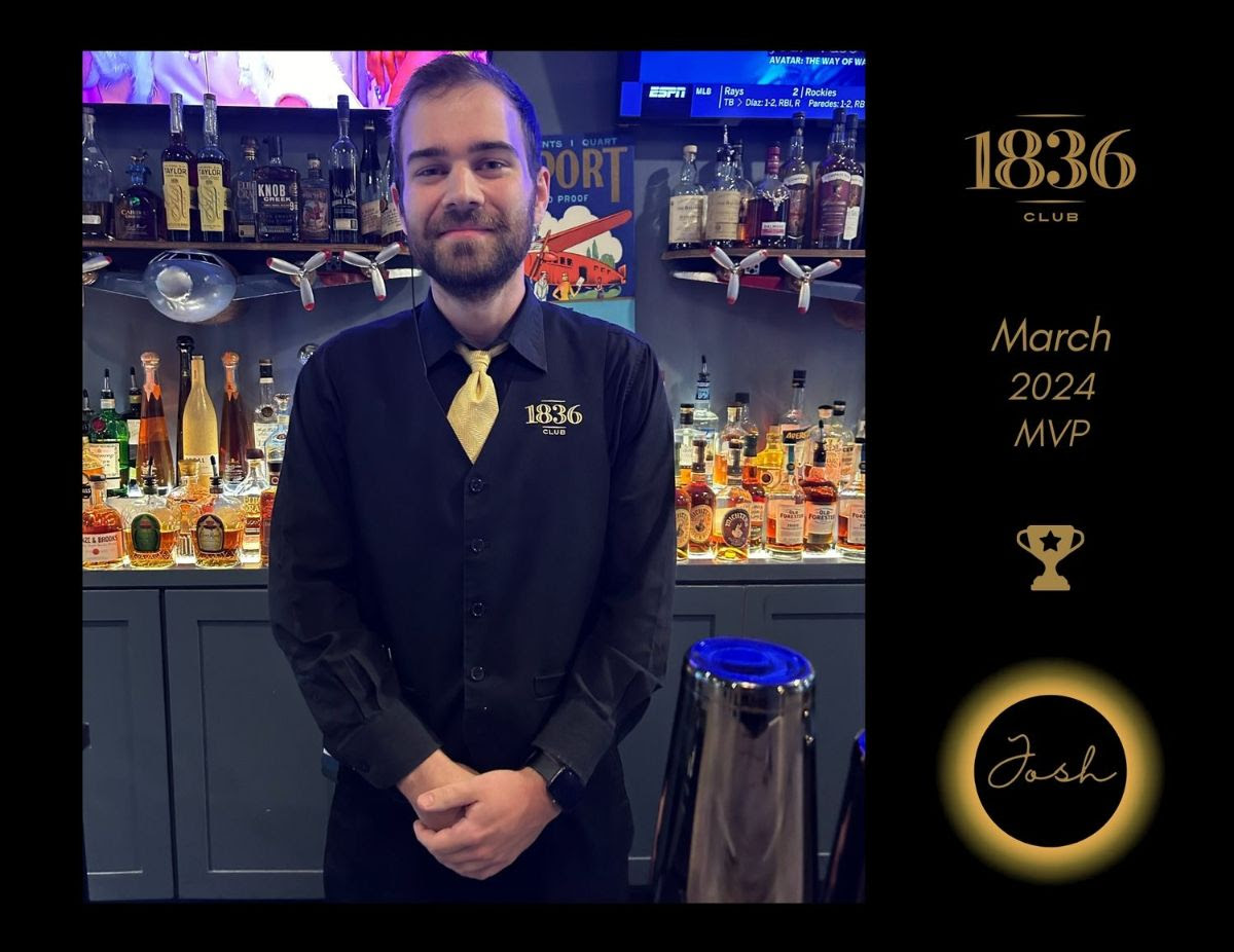 Members,

When you’re at the bar in the Pilots Lounge, make sure to congratulate our extremely talented mixologist, Josh!

He has earned the well-deserved MVP title for March.

Outstanding work, Josh! 👏 🙌

#The1836Club #MarchMVP #Josh #EmployeeAppreciation #BestStaff