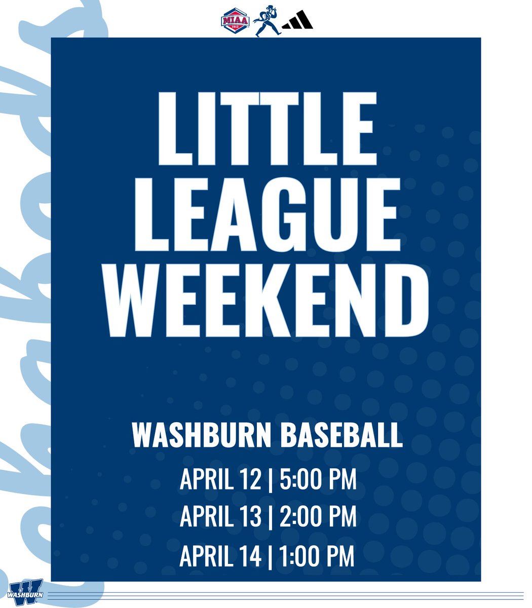 ⚾️ Calling all youth baseball teams! ⚾️ Join us this weekend for an exciting series of games and cheer on Washburn Baseball against Fort Hays State! This weekend series has opportunities to win Washburn gear and meet the players! See you at the Falley Field! #GoBods