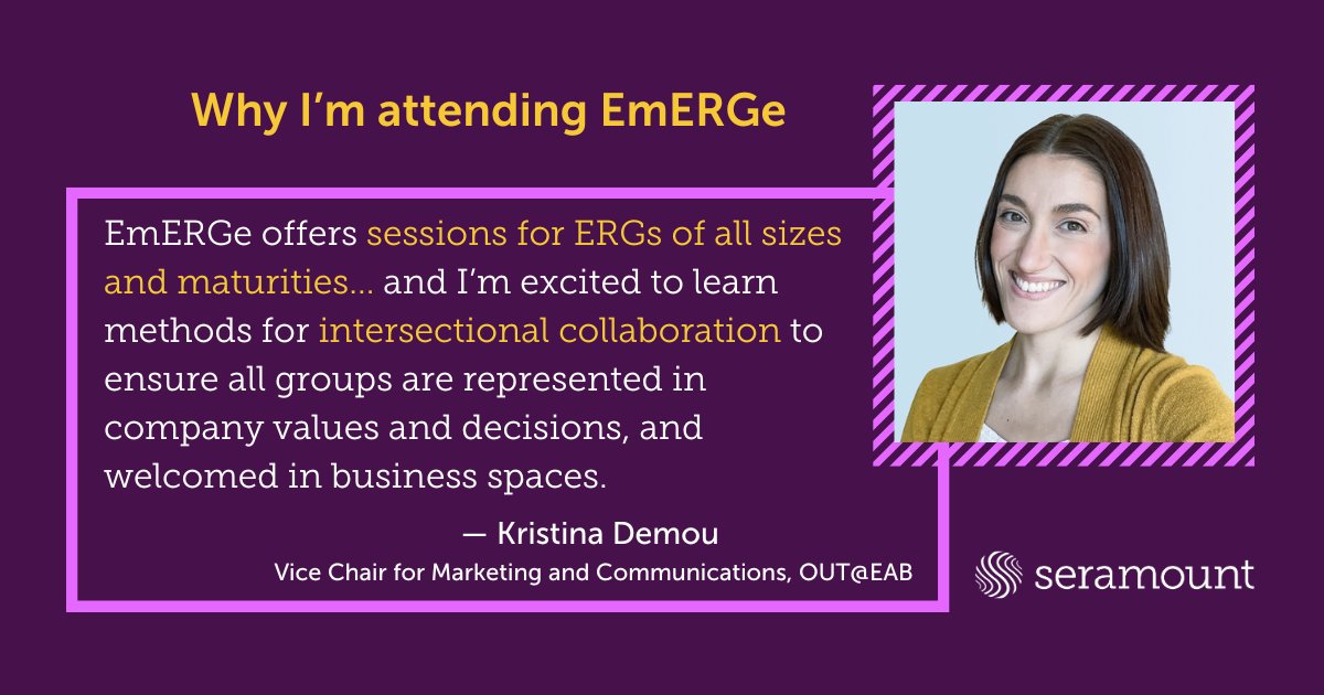 🌟 EmERGe 2024 SOLD OUT for in-person tickets. Virtual tickets still available! 🎉

What is EAB and #Seramount #ERG Leader, Kristina D., Vice Chair of Marketing and Engagement for OUT@EAB, most excited about for Seramount’s EmERGe 2024?
 bit.ly/3PRIldx 
#SeramountEmERGe