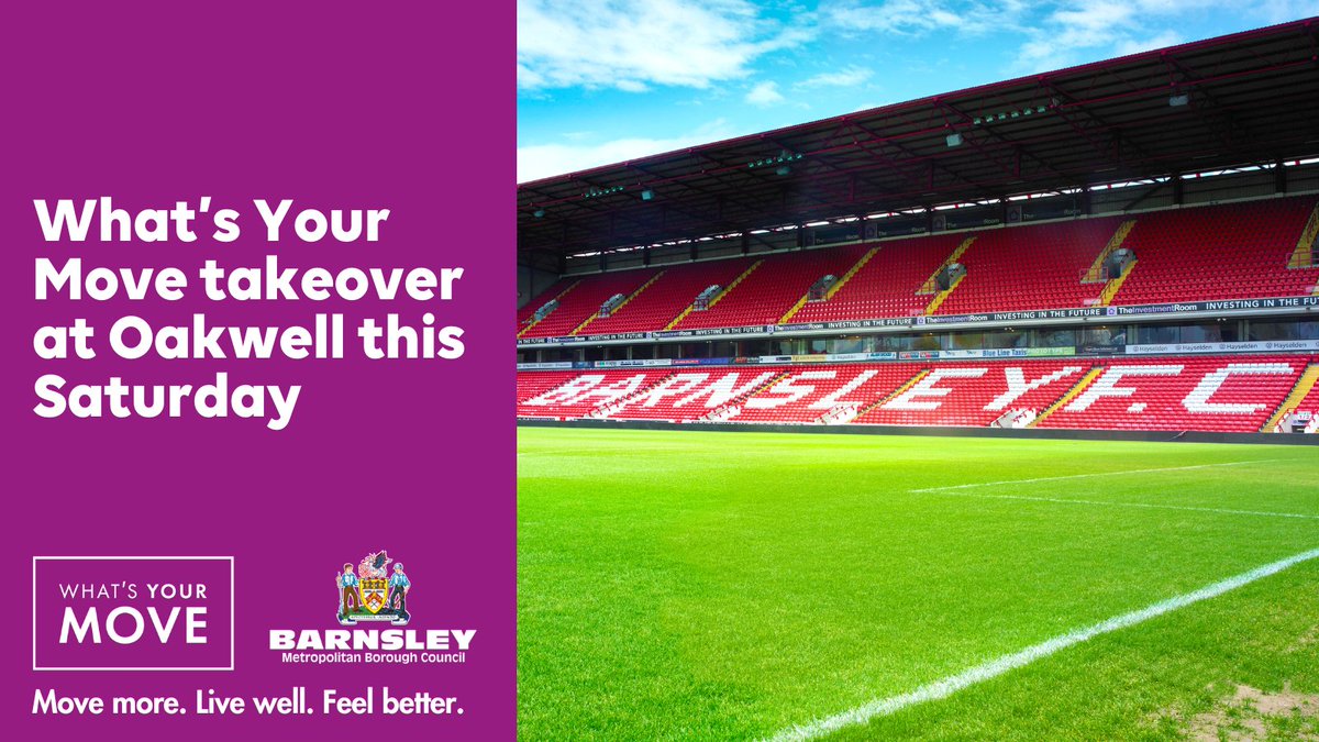 We're thrilled to bring a #WhatsYourMove takeover to Oakwell on Saturday to promote physical activity and its benefits. What's Your Move began in 2020 to increase physical activity so our residents move more, live well and feel better. Find your move: barnsley.gov.uk/news/whats-you…