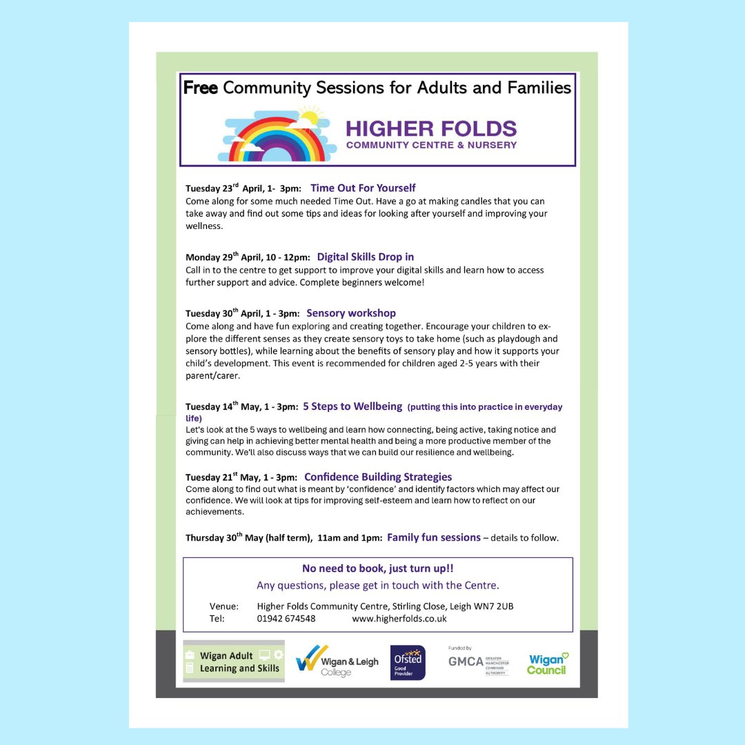Take a look at the free Community Sessions For Adults & Families taking place at Higher Folds Community Centre & Nursery over the next few weeks plus 'Family Fun Sessions' throughout the May Half Term Holidays. There is no need to book, just drop in and enjoy