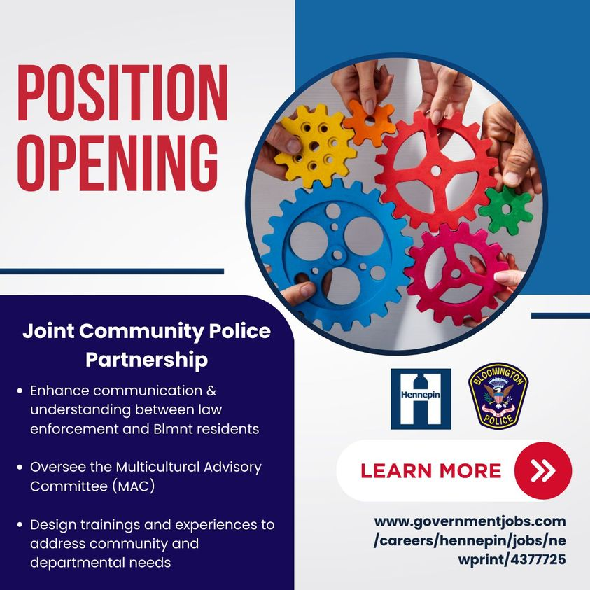 BPD_MN's tweet photo. 👀📢Know anyone who has a heart for collaboration &amp; relationship building? Position open thru April 19. This is an important and impactful role. The Joint Community Police Partnership Liaison is a Hennepin County position embedded in the BPD. https://t.co/XuIzUiSjLI https://t.co/5rMvttEIZg