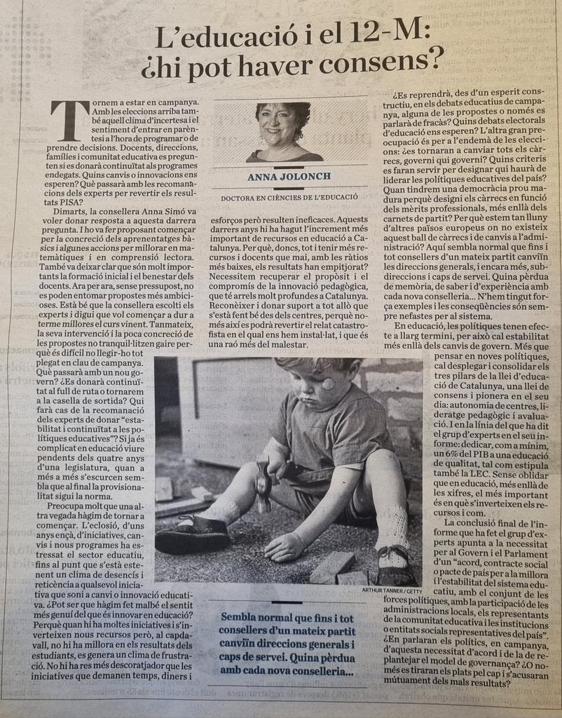 ✒️ “Necessitem recuperar el propòsit i el compromís de la innovació pedagògica, que té arrels molt profundes a Catalunya. Reconèixer i donar suport a tot allò que s’està fent bé des dels centres (...) Quins debats electorals d’educació ens esperen?” <a href="/AnnaJolonch/">Anna Jolonch</a> #12M