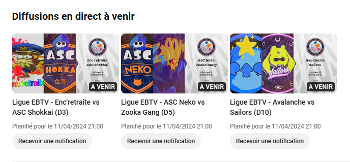 📢 Choisissez votre menu pour les matchs du soir en #LigueEBTV !

3 matchs à 21h :
Enc'retraite vs ASC Shokkai (D3)
ASC Neko vs Zooka Gang (D5)
Avalanche vs Sailors (D10)

À ce soir ! ⬇️
youtube.com/esportbrostv