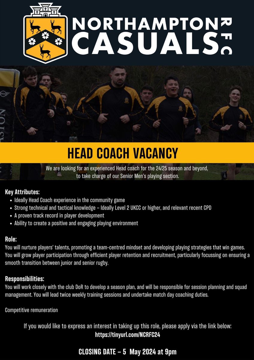 **HEAD COACH VACANCY**

Could you be our next Head Coach?  We're looking for someone to take charge of the senior men's playing section at Northampton Casuals...

Apply here: tinyurl.com/NCRFC24

#WeAreCasuals