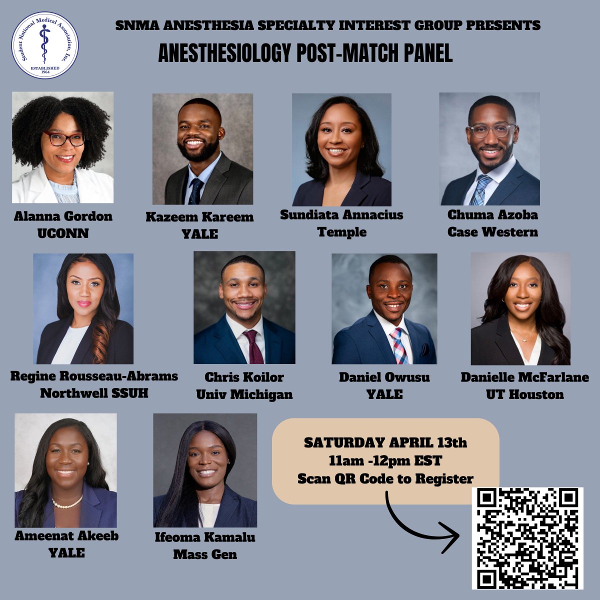 Hello Everyone! We are hosting the Anesthesiology Post Match Panel this Saturday from 11am-12pm. Please register via the QR code. If you have any specific questions you would like to ask please fill out this form: forms.gle/aUvmHDHcqcskRa… #anesthesiology #gasgang #match2024