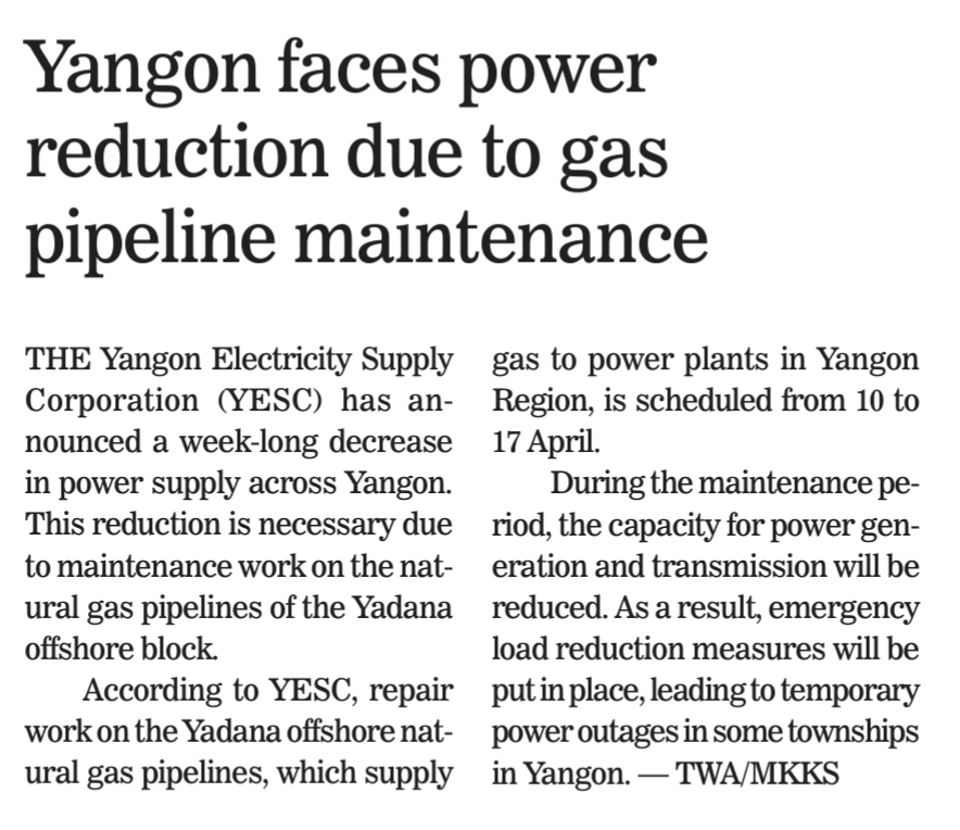 leighhmitchell's tweet photo. With #Myanmar's peak electricity capacity 🔽 to Jan 2017 levels (HT @gdelangre), do spare a thought for the people of #Yangon who will be sweltering through 40+ degree heat while YESC cuts power supply due to maintenance work on the natural gas pipelines.

https://t.co/ZEiC0M6Bjp https://t.co/Y13mDr8GMU