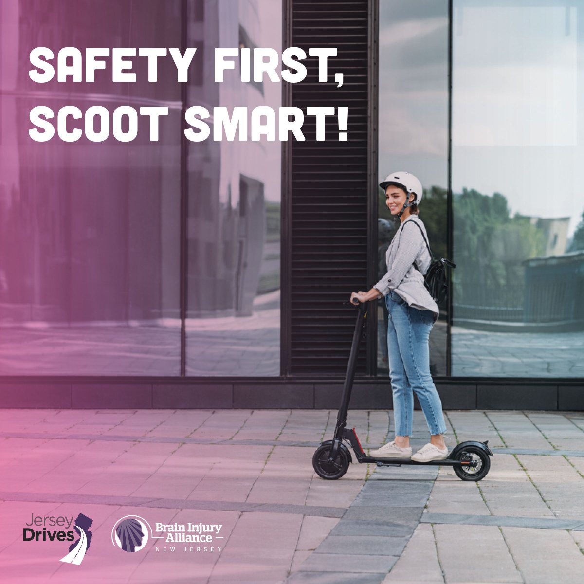 Courtesy of the Brain Injury Alliance of New Jersey & New Jersey Pedestrian and Bicyclist Safety Coalition:
Stay charged up on safety! Keep your helmet on and ride responsibly on e-scooters. #EScooterSafety #JerseyDrives