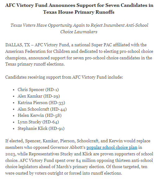 The @SchoolChoiceNow PAC has announced the candidates it plans to back in the primary runoffs. #txed