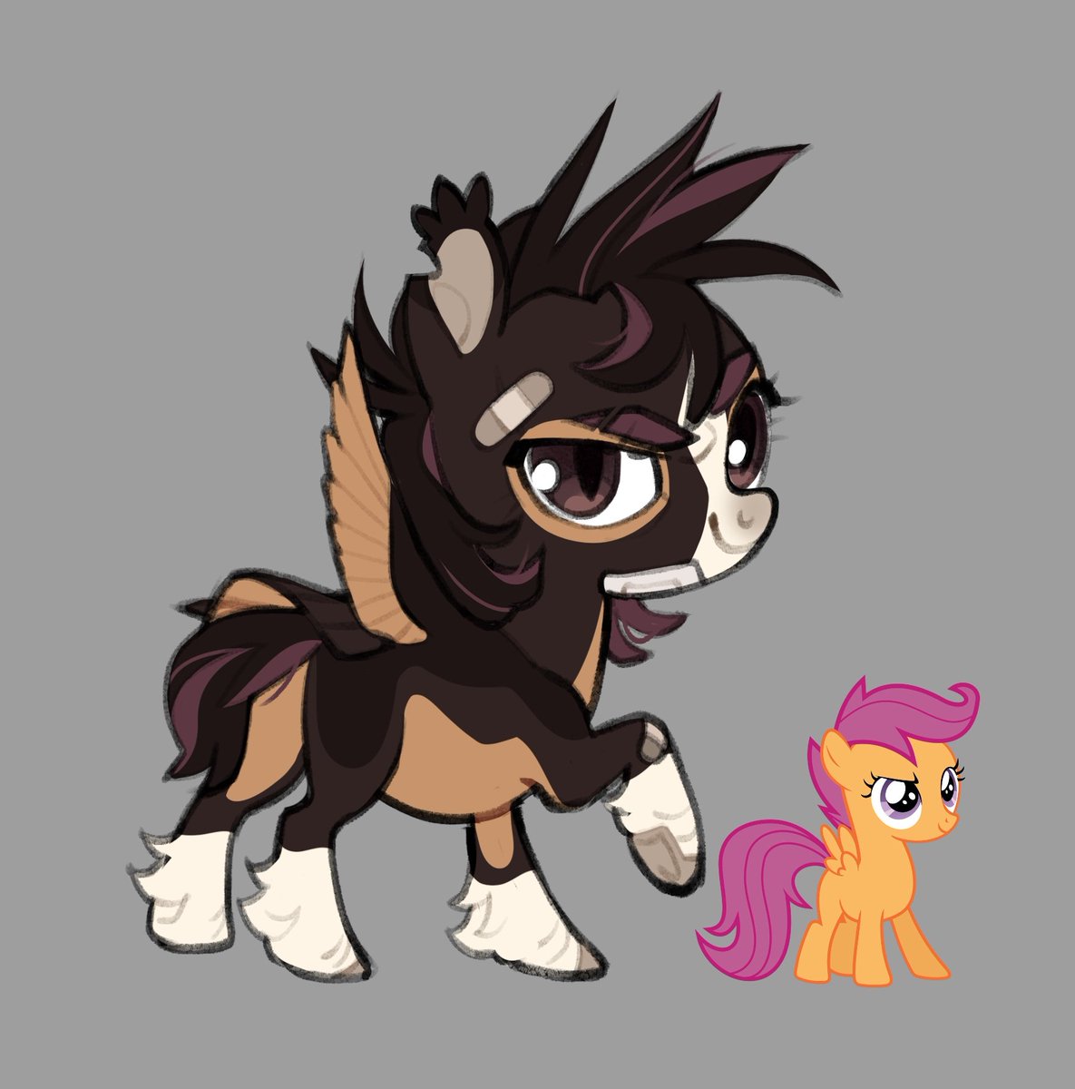Scootaloo! I kinda went off on real horse coat colors and patterns and wanted to give her seal brown, also thought to emphasize her being more clumsy visually. In the cartoon her wings flapped fast so I kinda gave her tiny hummingbird wings to emphasize while keeping disability