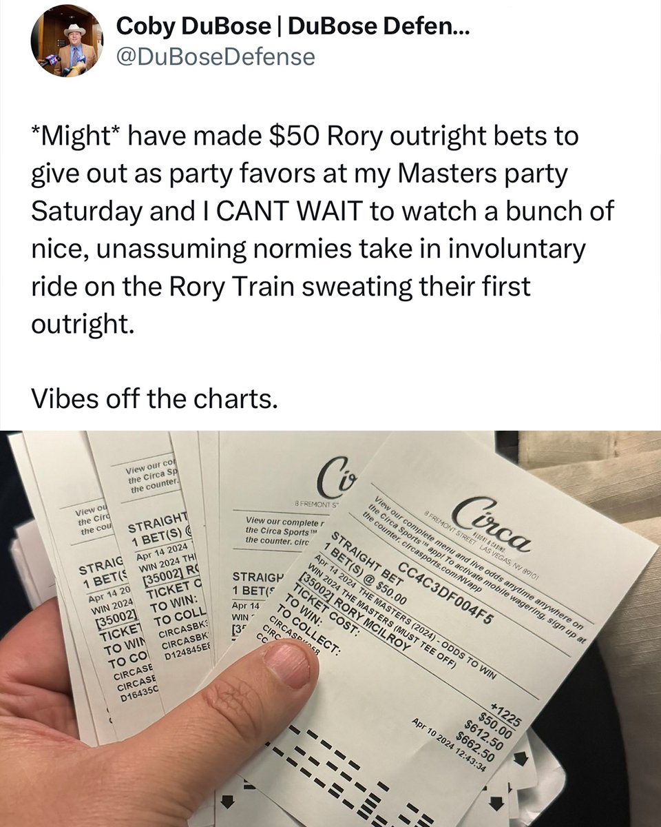 He really got Rory McIlroy outright bets for his party guests... Legendary 🤣 (via @DuBoseDefense)