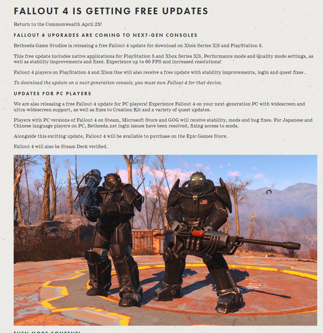 Fallout 4'ün yeni nesil güncellemesi konsollara 25 Nisan'da geliyor. -Xbox Series X/S ve PS5'e ücretsiz olarak geliyor. -60FPS ve çözünürlük artışı. -Çeşitli hatalar düzelecek ve optimizasyonu iyileştirecekler. -PC için geniş ekran desteği gelecek. -Steam Deck desteği geliyor.