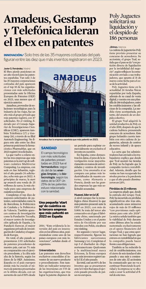 “Amadeus, Gestamp y Telefónica lidera el IBEX en patentes.”  Expansión 19 de Marzo 2024