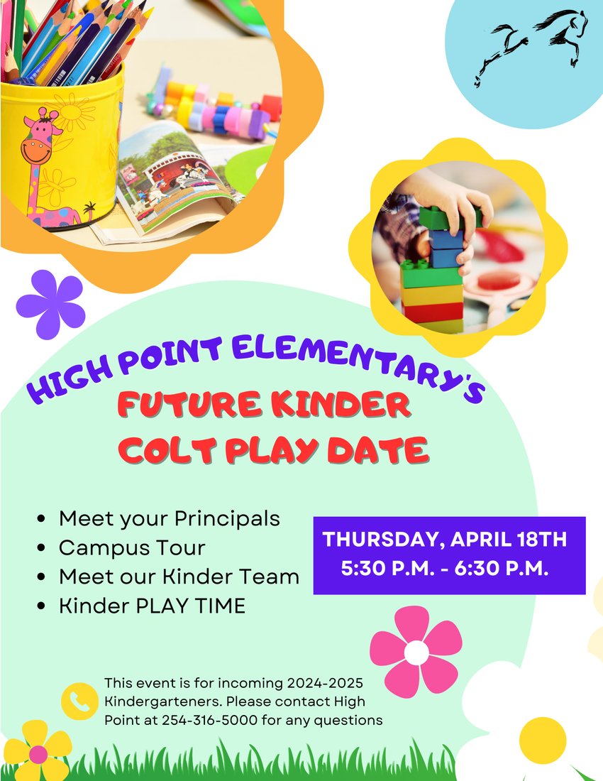 Calling all parents of future High Point Elementary Kindergarteners! Embark on this exciting journey on Thursday, April 18th, at the Future Kinder Play Date. Meet your principals and kindergarten team, tour the campus, and enjoy some playtime.