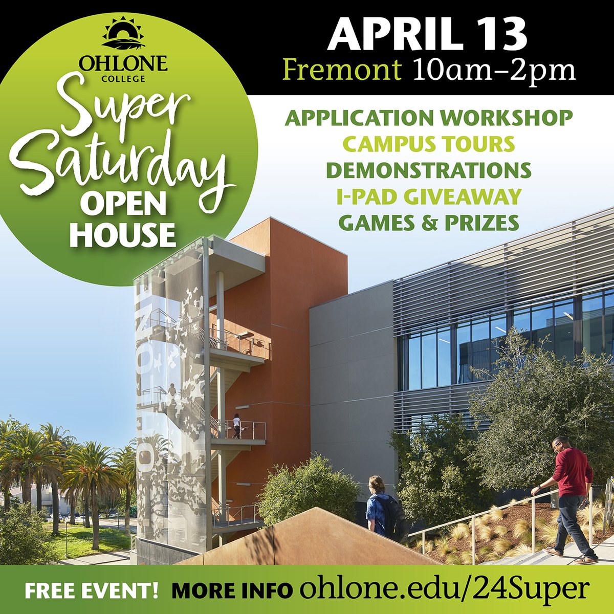 Join our next Super Saturday Open House event at our Fremont Campus on April 13! Our staff will be onsite to answer questions to get you ready for the upcoming summer and fall semesters. RSVP today at ohlone.edu/24super