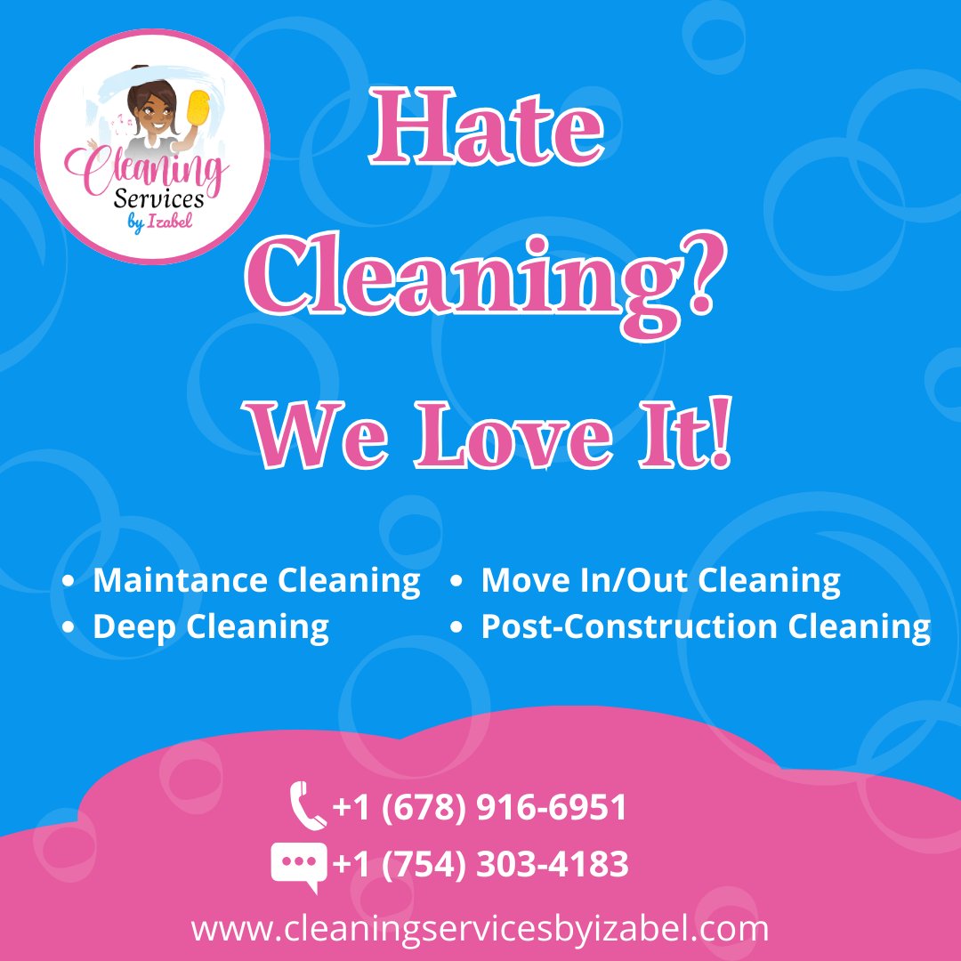 Hate Cleaning?  We at Cleaning Services by Izabel love it!  Count on us to make your home shine. Contact us to get a free estimate.  
📲 (678) 916-6951  #professionalcleaning #cleaningservices #cleaningservicesgeorgia #georgia #mariettaga #atlantaga #romega #kennesawga