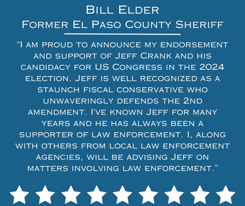 Proud to announce the endorsement of my friend, former El Paso County Sheriff Bill Elder. He knows I stand with law enforcement and those who defend us every day by wearing the uniform. We will secure the border and fight the politicians in Denver who make us a sanctuary state.