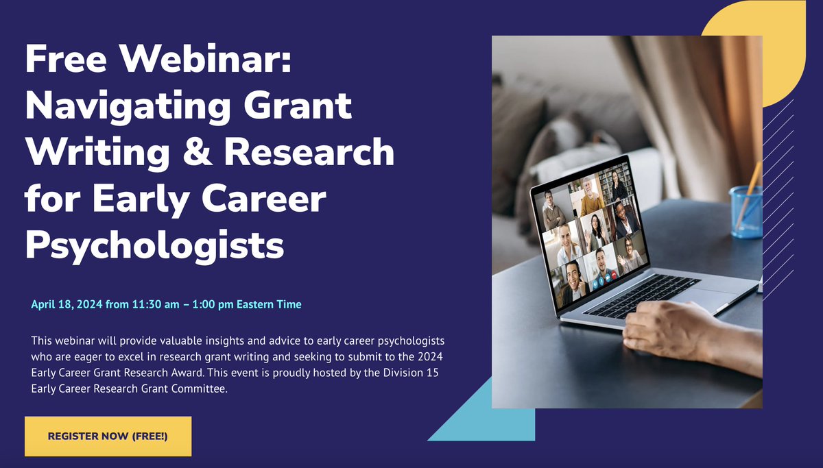 Check out this free webinar: Navigating Grant Writing ^ Research for Early Psychologists, hosted by APA Division 15 on April 18th! Register here: apadiv15.org/2024/03/31/fre…