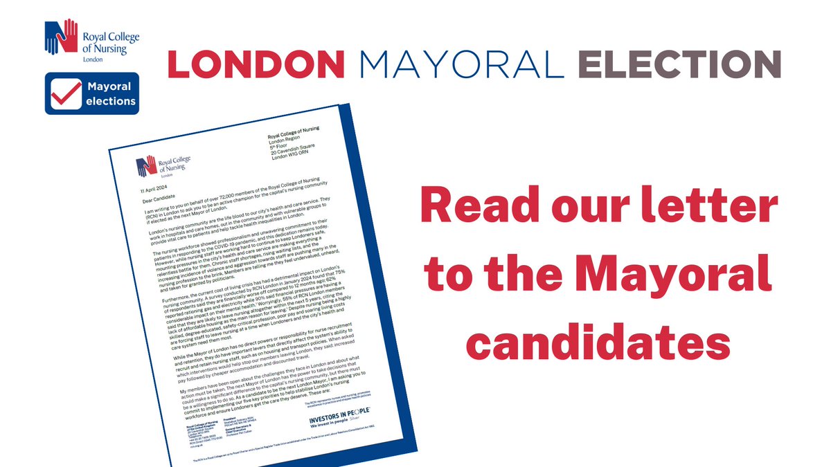 Today I've written to all the London Mayoral candidates on behalf of over 72,000 RCN London members calling on the next Mayor to commit to implementing our 5 keys asks and be a champion for the nursing community. ✉️ Read the letter bit.ly/3vYM6XQ