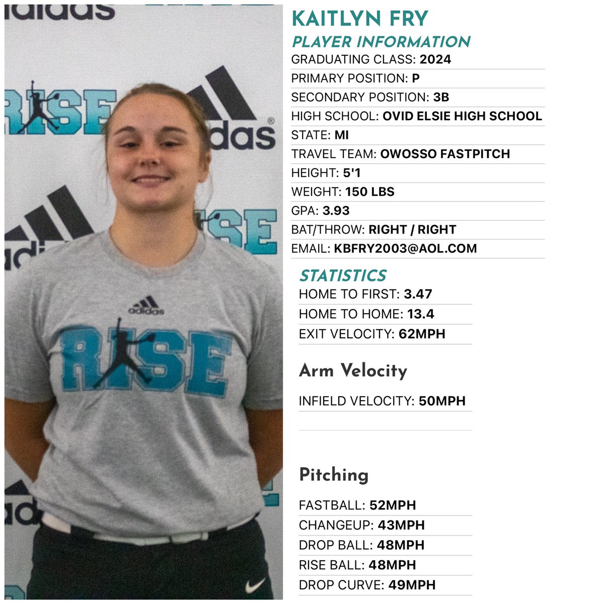 💻RISE “Profile of the Day”💻 • 2024 RISE Player-Kaitlyn Fry (Owosso HS, MI); showed an upright stance, w/ a quick/short bat path. Consistent strike thrower, w/ good late bite in the drop ball. • risesoftball.com/players/kaitly…