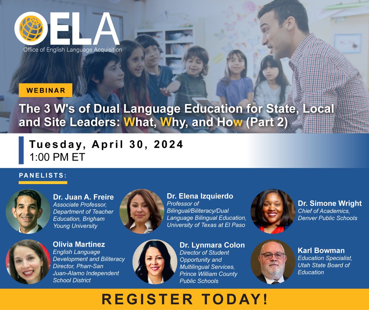 OELA's 'The 3 W's of Dual Language Education for State, Local, and Site Leaders: What, Why, and How' Webinars will offer invaluable insights for #administrators at every level, featuring expert guidance & resources. Pt. 1: ow.ly/bk2q50R6MHA Pt. 2: ow.ly/7sA650R6MHE