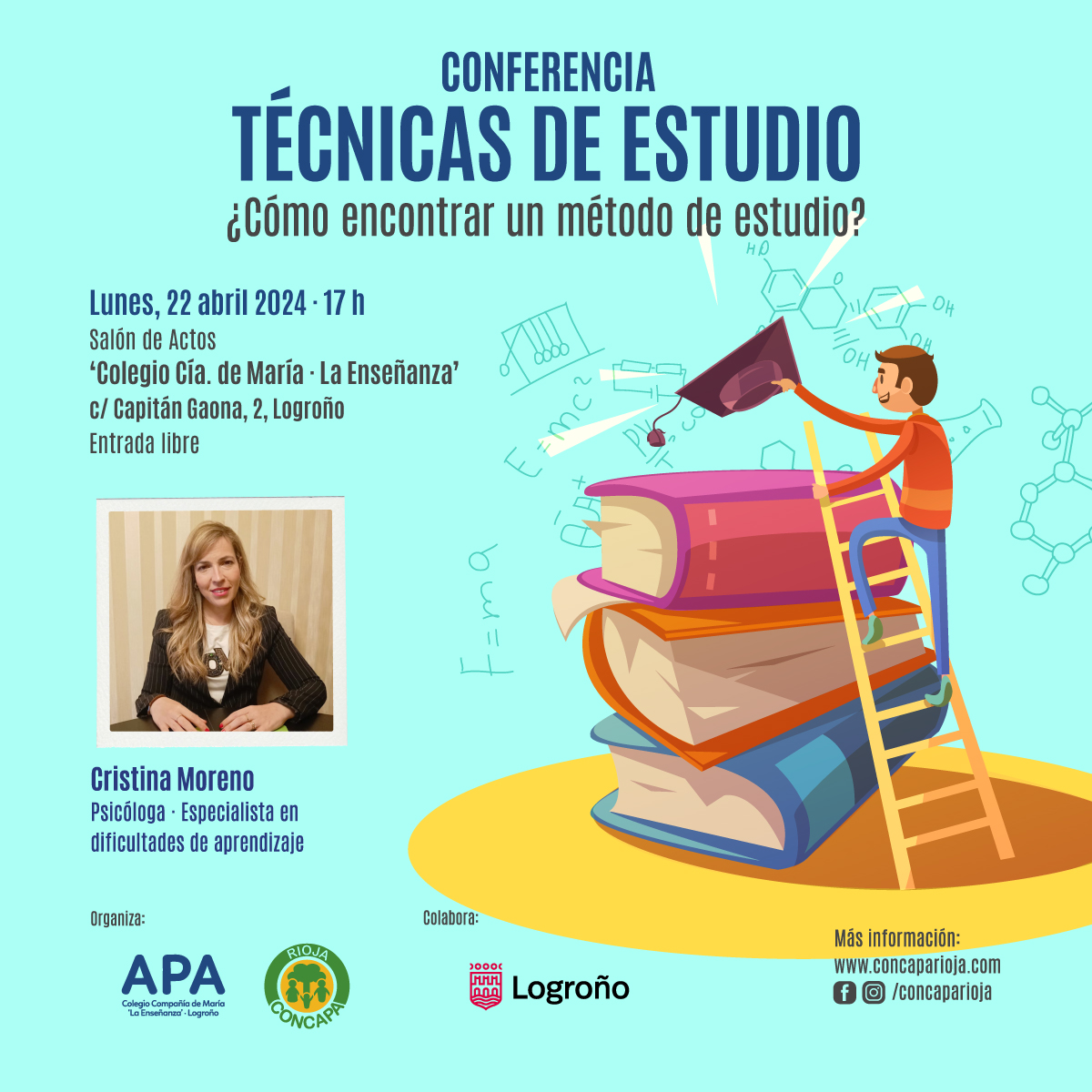 #ConferenciaTécnicasdeEstudio 📚🧠 Cada persona responde de manera diferente a los métodos de aprendizaje, ¿quieres encontrar el más efectivo para tu hijo o hija❓¿O para ti❓ ¡Te esperamos❗ 🗓️ 22/04/2024 • 17 h. ➕ℹ️ concaparioja.com/tecnicas-de-es…