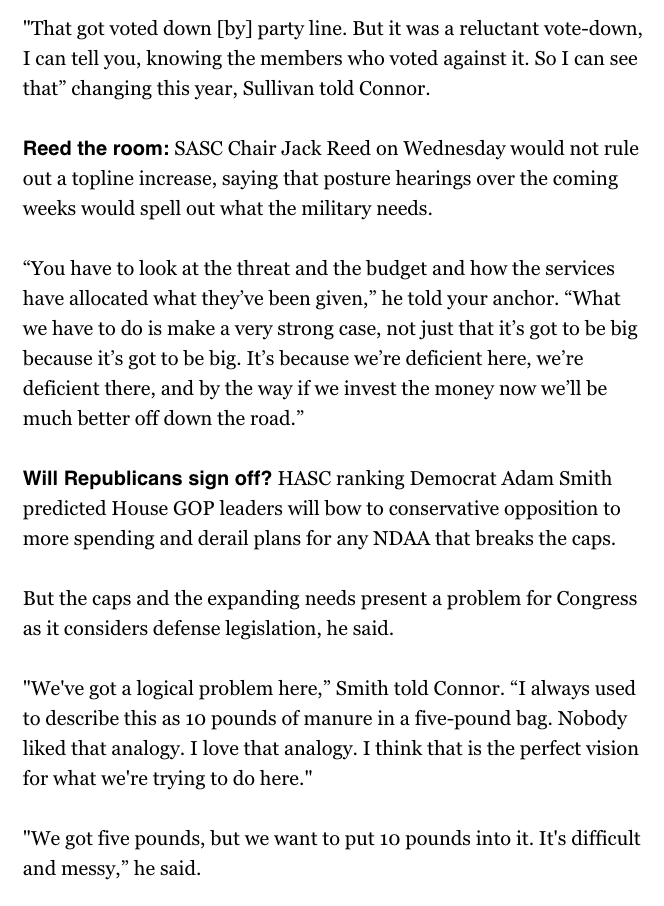 Biden’s FY25 defense budget sticks to caps that keep it at $895 billion, a mere 1% increase. But Sen. Roger Wicker told us he will “absolutely” try to “significantly” bust that ceiling in the next NDAA. From today's Morning Defense w/ @connorobrienNH