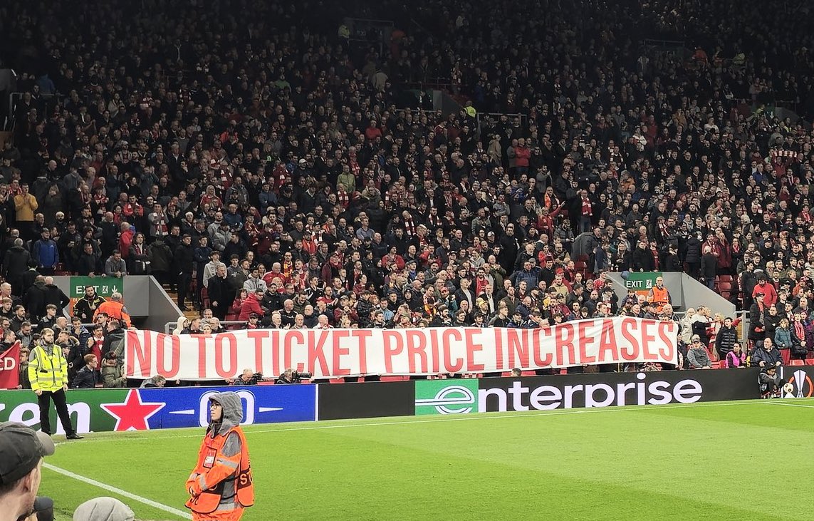 Liverpool fans protesting about rising ticket prices at tonight’s game. ‘No to ticket price increases’ #LFC