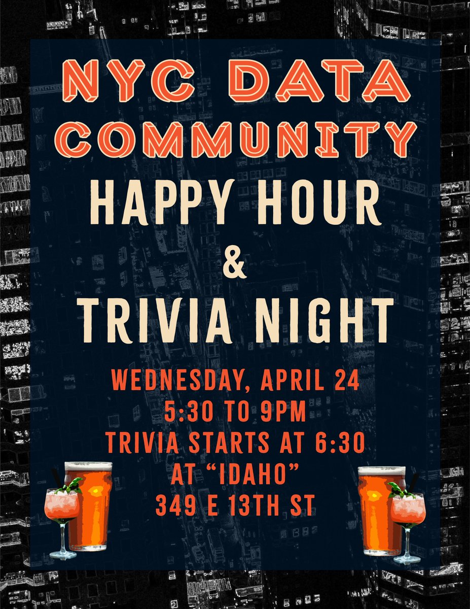 On Weds 4/24, We're kicking off our bi-monthly event series for the NYC data community with a riveting round of ✨data-themed trivia✨ Join us for pizza, drinks, and a brain teaser round of trivia. Winners will receive prizes (and bragging rights)! Seats are limited - snag your…