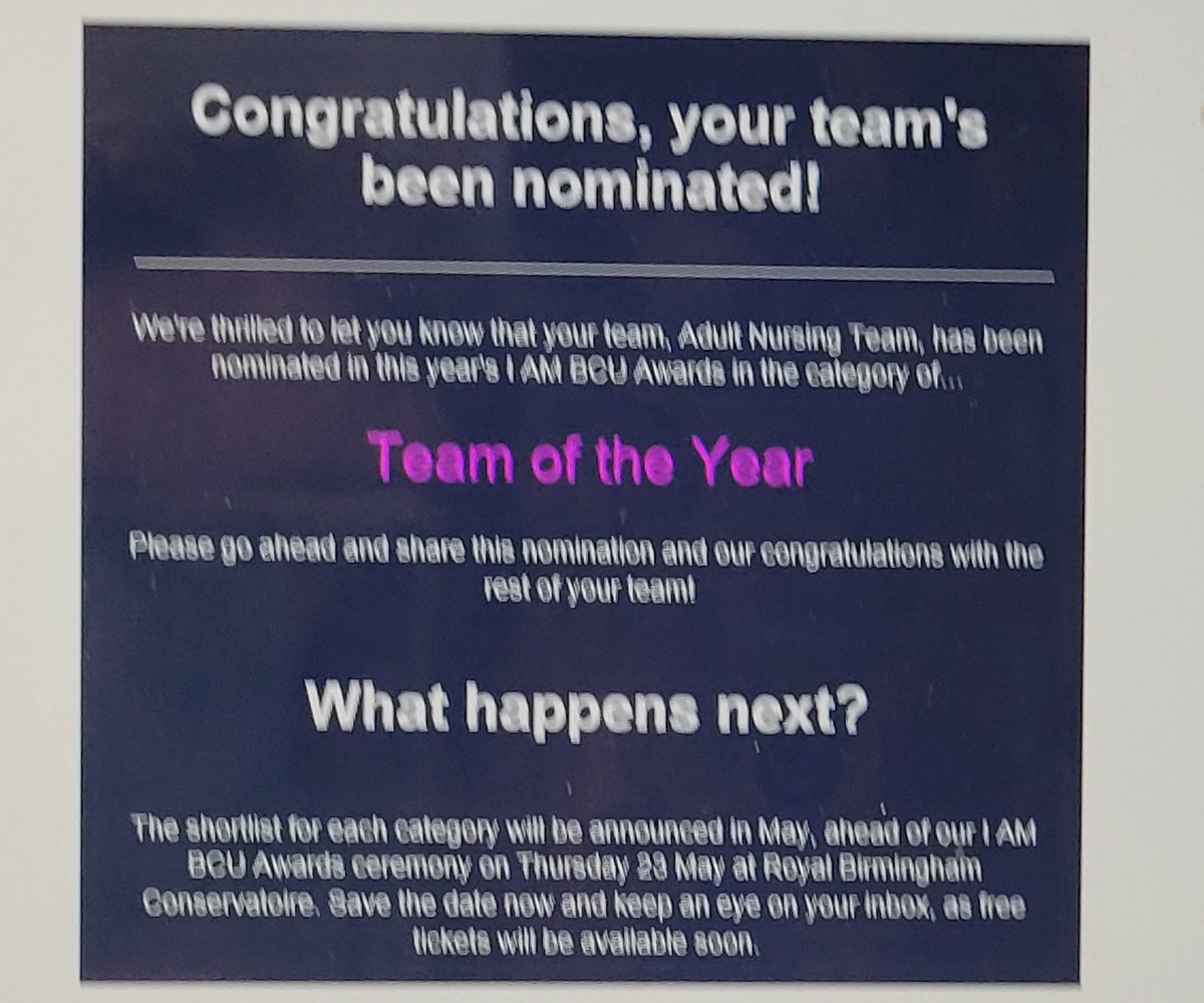 Huge congrats to the @BCUAdultNursing who have been nominated for #IAMBCU team of the year award 😀 Well done to all of the amazing @BCUNursingteam nominated for awards you are an amazing group of people!