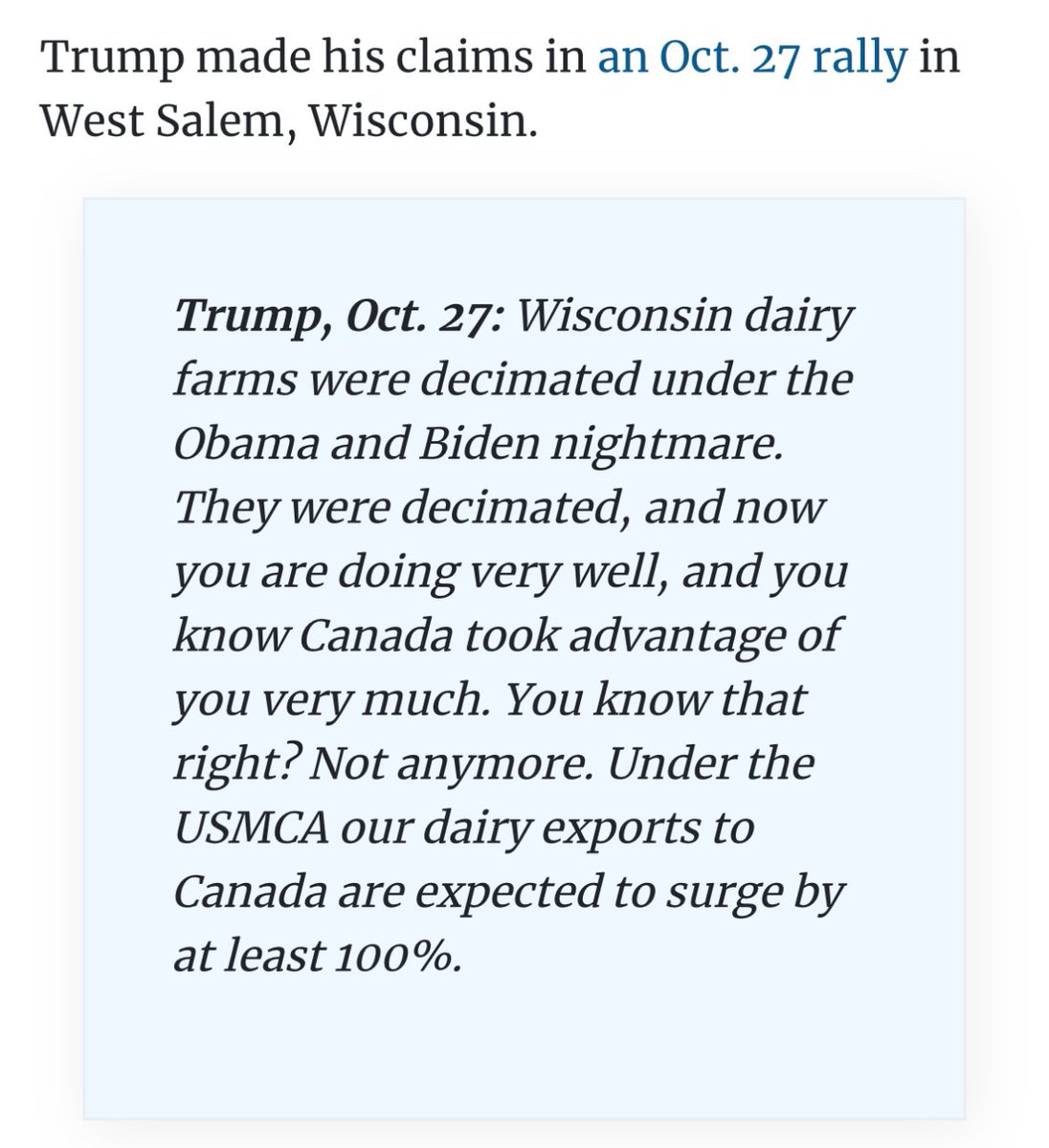 Trump, on the campaign trail in 2020, frequently liked to claim credit for an initiative to raise the price of milk.