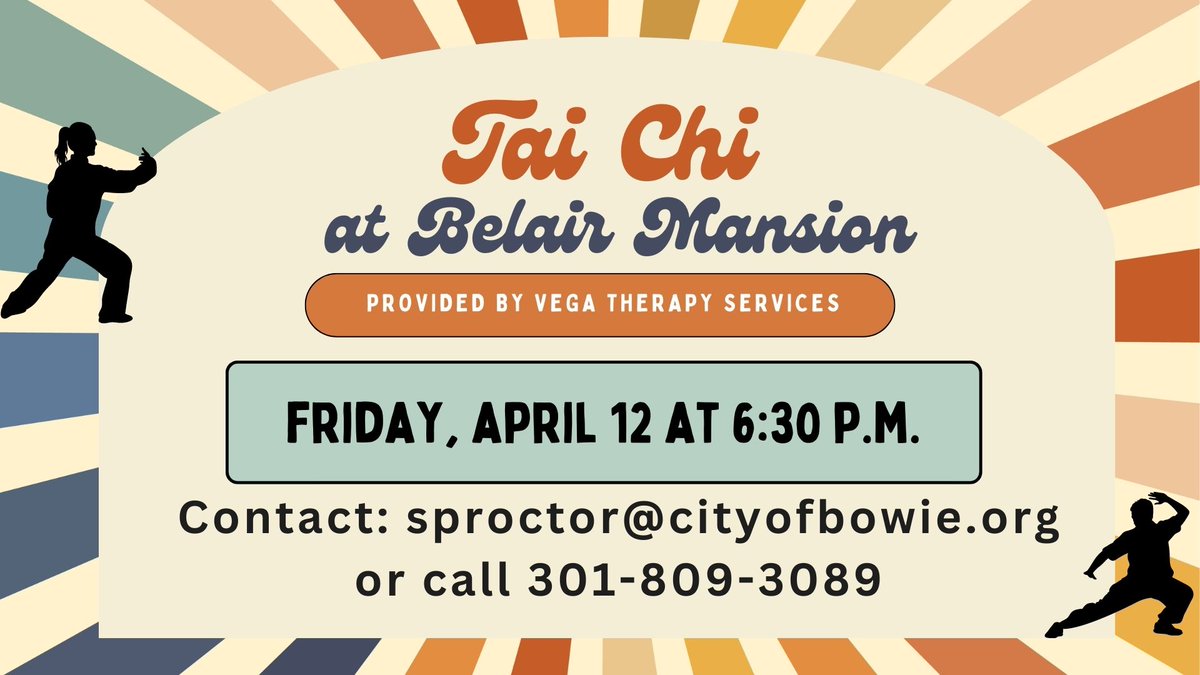 Want to relax after a long week? Stop by the Belair Mansion on April 12 at 6:30 p.m. for a free Tai Chi class. The traditional Chinese martial art combines movement and mental focus to enhance the body, mind, and spirit. Bring water and a sun hat, and wear comfortable clothes.