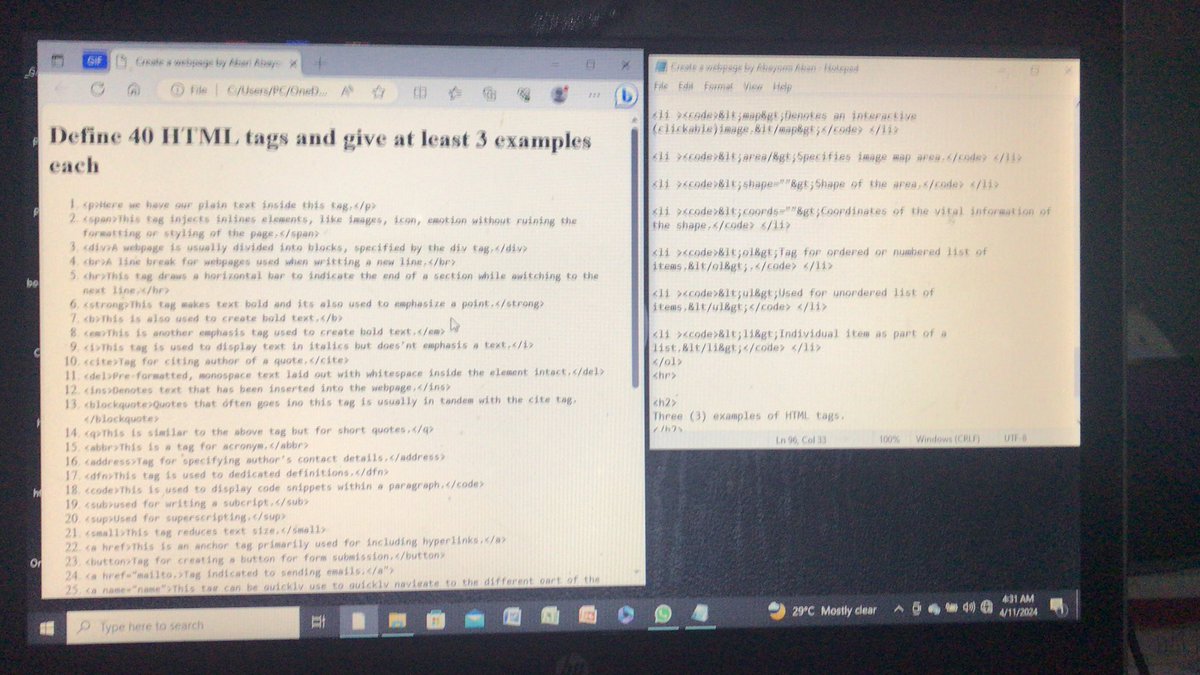 Berryworld5's tweet photo. @iam_AhmedDavids *• Two types of HTML tags self closing tags and opening and closing tags, give at least 3 examples each.*

Self-closing tags are tags that do not require a closing tag. For example, the <br> tag is a self-closing tag. It stands for "break," and it is used to https://t.co/V6gKUW5BzQ