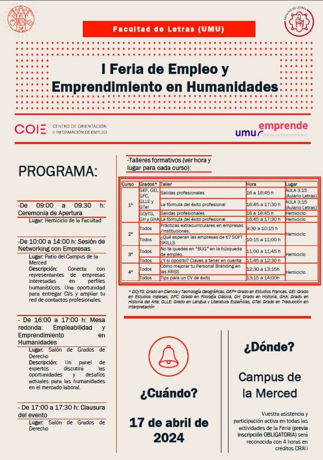 LetrasUMU's tweet photo. ➡️🕓La Feria finalizará con una Mesa redonda sobre Empleabilidad, Divulgación y Emprendimiento a partir de las 16h en el Salón de Grados de Derecho en la que participarán: @AdAbsurdum @carlos_a_pineda @DavidLoperaG @HectorUroz @JuangallardoAW @MaTeresaMarinT @PuertodeCultura https://t.co/IBh4UN2zwE