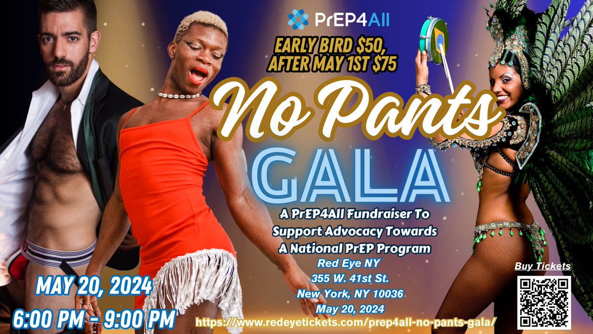 Join us for an evening of fun, glamor, and generosity at the PrEP4All No Pants Gala Fundraiser! On May 20th, 2024, we’re hosting a fabulous gala to raise funds and awareness for PrEP4All. Purchase tickets at redeyetickets.com/prep4all-no-pa…