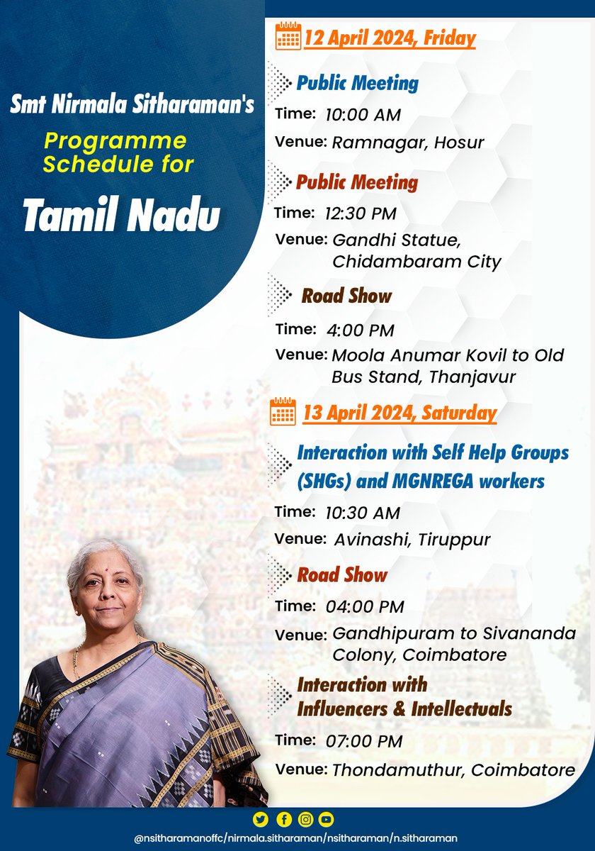 Programme details of Tmt @nsitharaman's visit to Tamil Nadu on April 12-13, 2024. #PhirEkBaarModiSarkaar